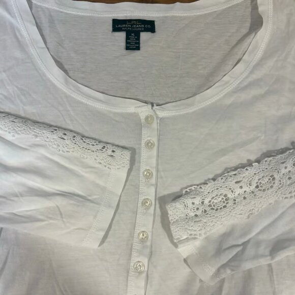 LAUREN RALPH LAUREN Jeans Sz XL White Lace 3/4 Sleeve 1/4 Button Casual Comfort - Picture 7 of 7